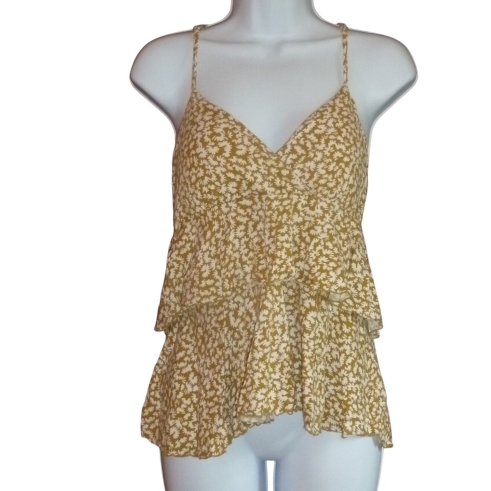 ELLE Mustard Floral Tiered Ruffle Tank Top, Small, Boho Babydoll Cami Racerback